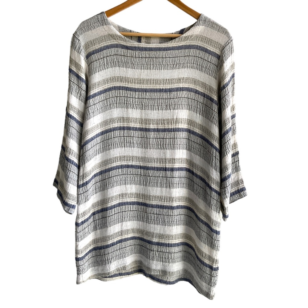 Arthur Max Flax Linen Tunic Top Shirt Size XS Striped Beige Blue FLAW Relaxed